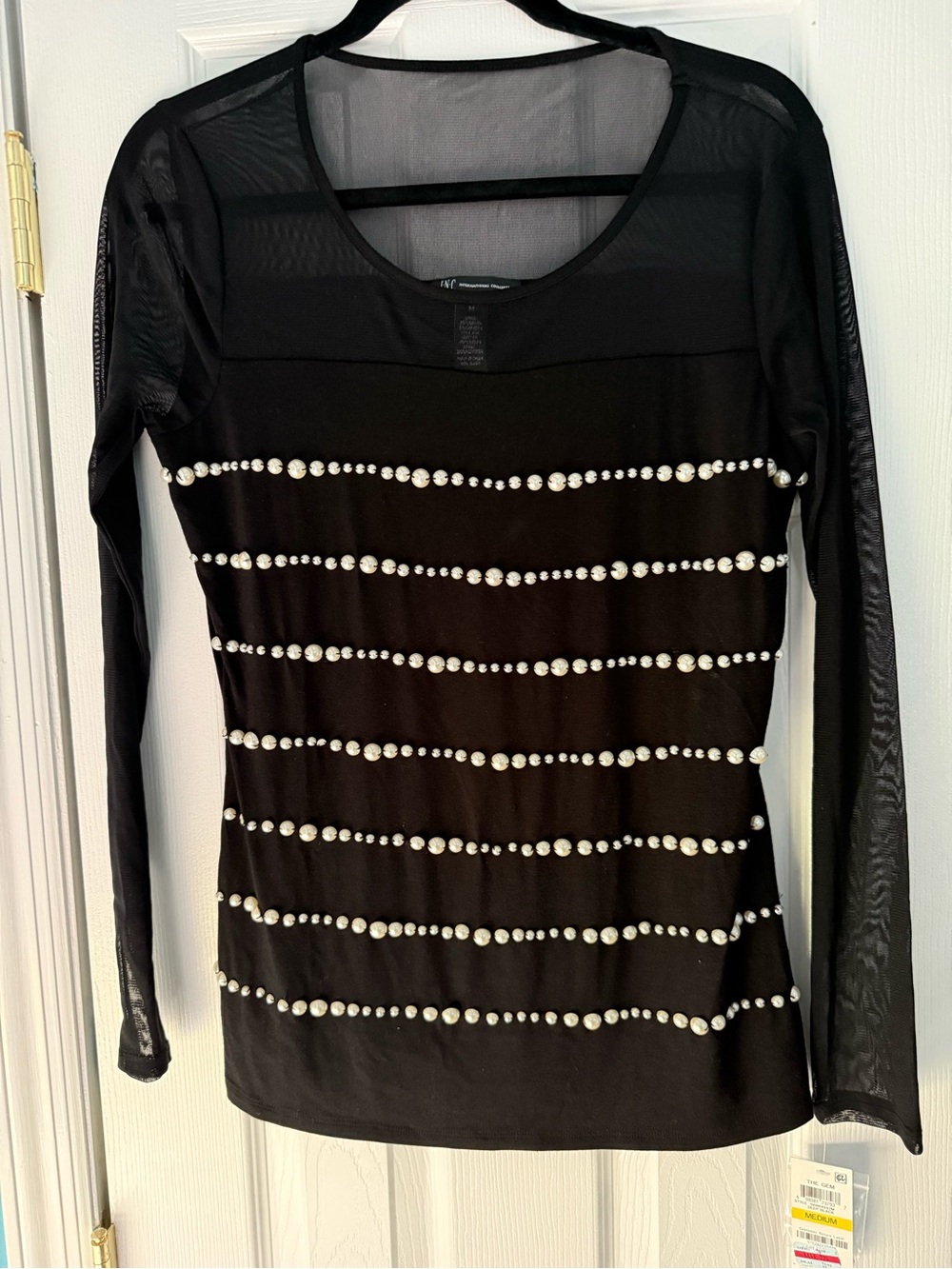 Black Long-Sleeve Mesh Top with Pearl Stripe Detail